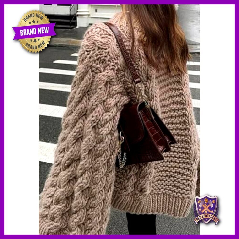 Oversized Chunky Cable Knit Sweater Loose Crewneck Pullover Y2K - Picture 5 of 7